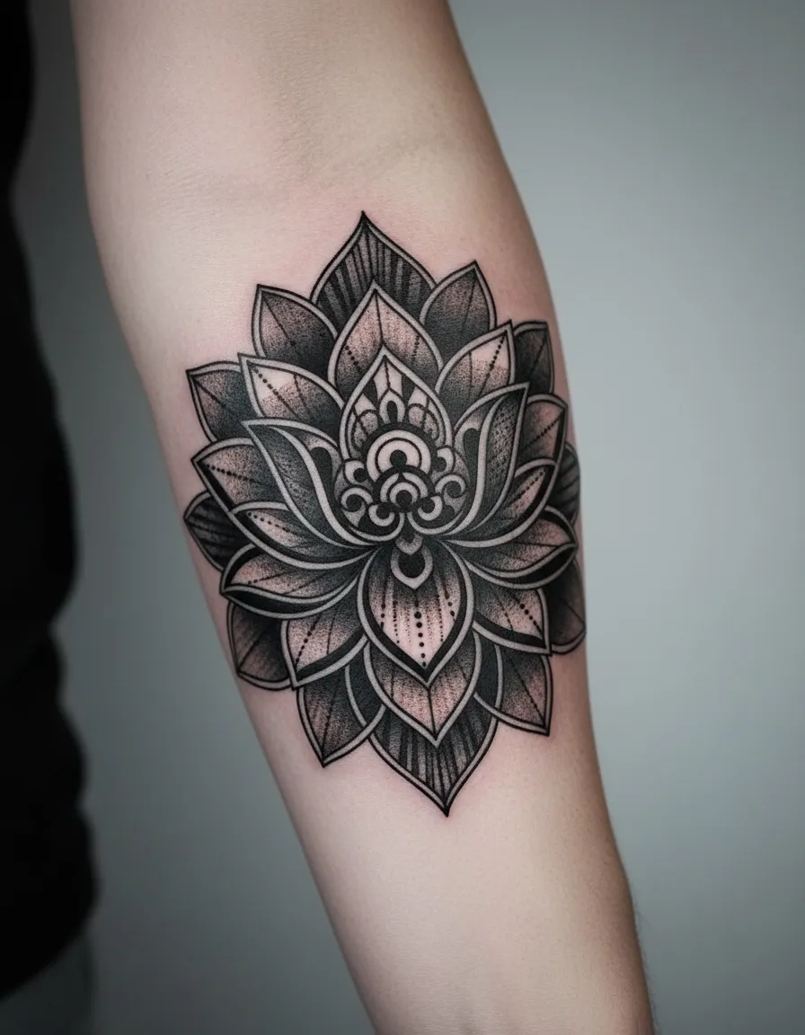 Fotorealistyczny podgląd tatuażu Lotos w stylu blackwork wygenerowany przez AI